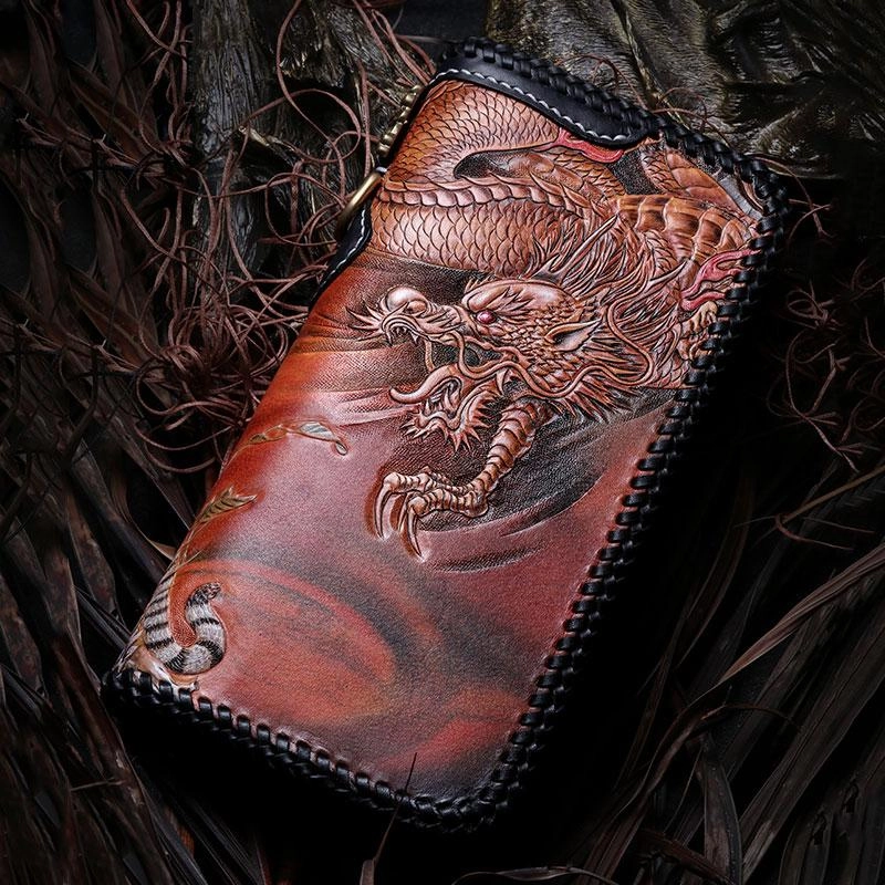 Handmade Leather Tooled Chinese Dragon Tiger Mens Chain Biker Wallet Cool Leather Wallet Long Clutch Wallets for Men