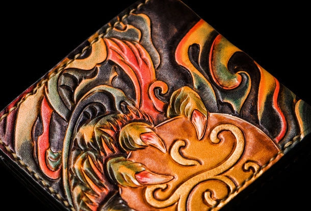 Handmade leather tooled lion wallet clutch black billfold wallet brown leather men
