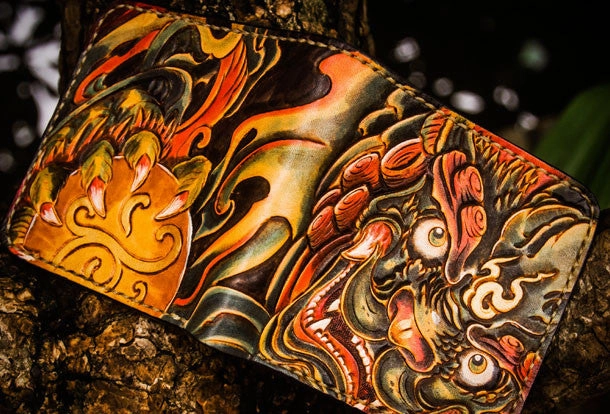 Handmade leather tooled lion wallet clutch black billfold wallet brown leather men