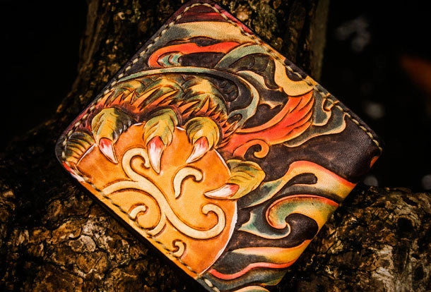 Handmade leather tooled lion wallet clutch black billfold wallet brown leather men