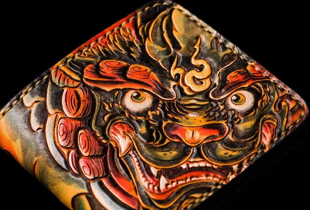 Handmade leather tooled lion wallet clutch black billfold wallet brown leather men