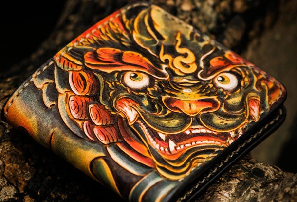 Handmade leather tooled lion wallet clutch black billfold wallet brown leather men