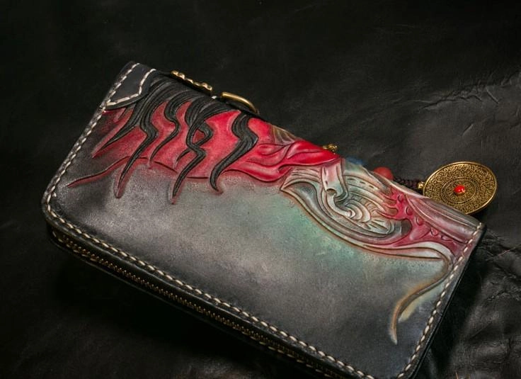 Handmade Leather Tooled Mah??k??la Mens Chain Biker Wallet Cool Leather Wallet Long Clutch Wallets for Men