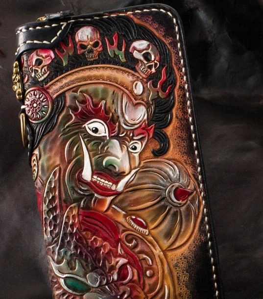 Handmade Leather Tooled Mah??k??la Mens Chain Biker Wallet Cool Leather Wallet Long Clutch Wallets for Men