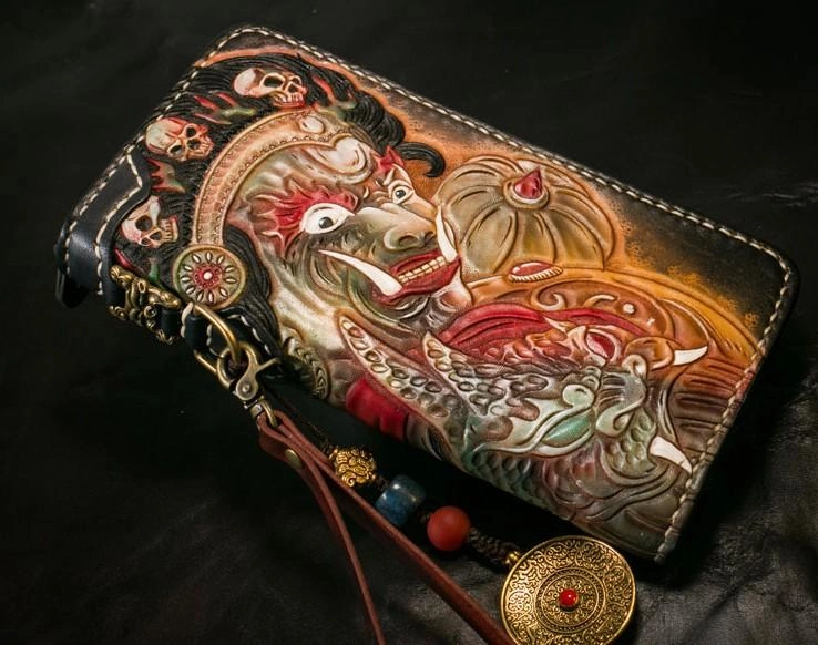 Handmade Leather Tooled Mah??k??la Mens Chain Biker Wallet Cool Leather Wallet Long Clutch Wallets for Men