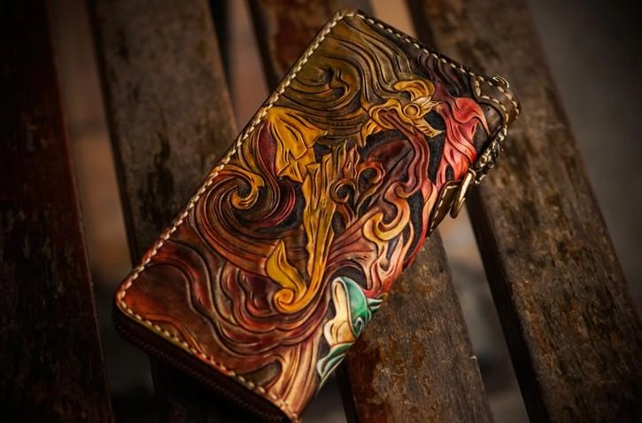 Handmade Leather Tooled Monkey King Mens Chain Biker Wallet Cool Leather Wallet Long Clutch Wallets for Men