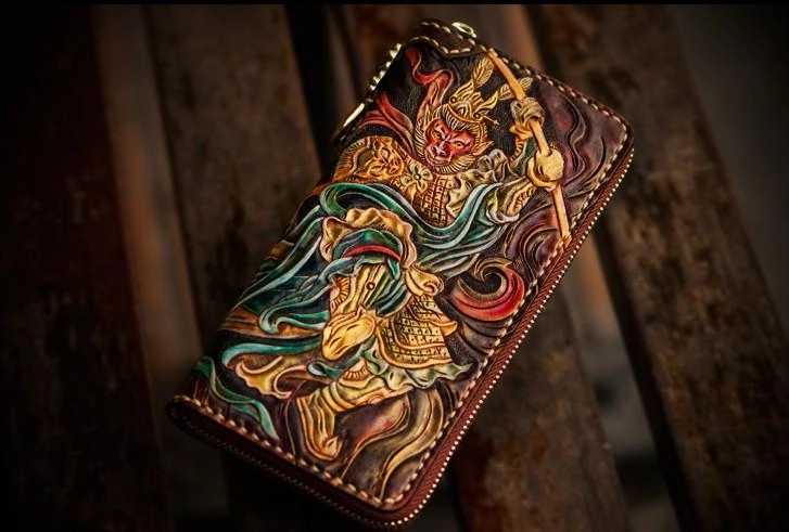 Handmade Leather Tooled Monkey King Mens Chain Biker Wallet Cool Leather Wallet Long Clutch Wallets for Men