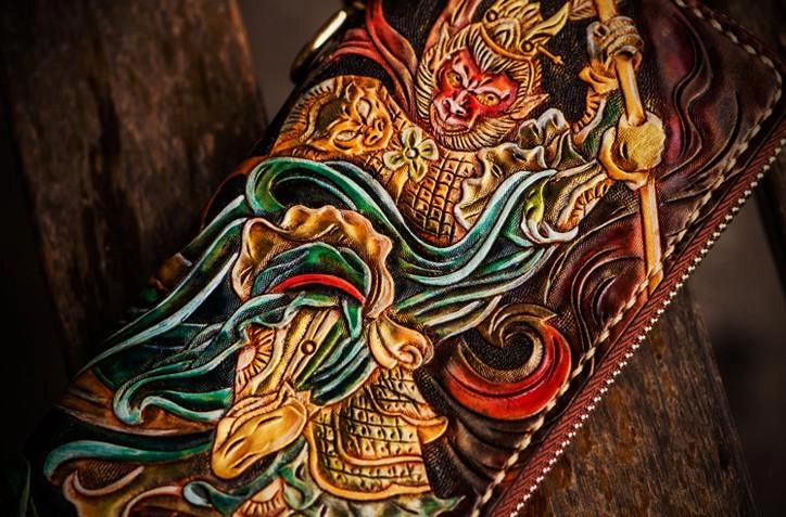 Handmade Leather Tooled Monkey King Mens Chain Biker Wallet Cool Leather Wallet Long Clutch Wallets for Men