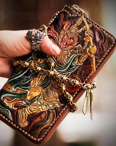 Handmade Leather Tooled Monkey King Mens Chain Biker Wallet Cool Leather Wallet Long Clutch Wallets for Men