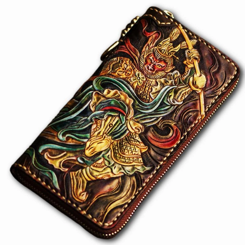Handmade Leather Tooled Monkey King Mens Chain Biker Wallet Cool Leather Wallet Long Clutch Wallets for Men