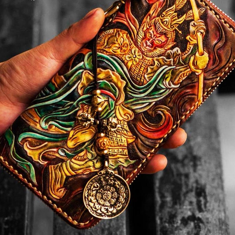 Handmade Leather Tooled Monkey King Mens Chain Biker Wallet Cool Leather Wallet Long Clutch Wallets for Men