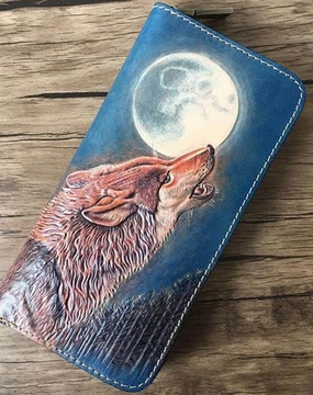 Handmade Leather Wolf Tooled Mens Long Wallet Cool Leather Wallet Clutch Wallet for Men