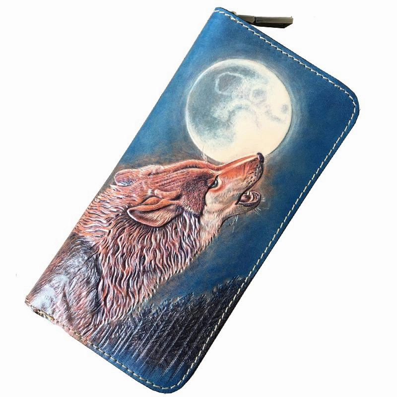 Handmade Leather Wolf Tooled Mens Long Wallet Cool Leather Wallet Clutch Wallet for Men
