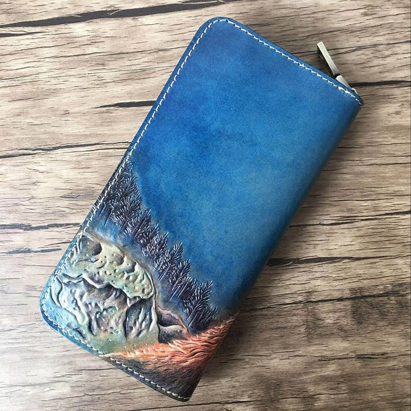 Handmade Leather Wolf Tooled Mens Long Wallet Cool Leather Wallet Clutch Wallet for Men