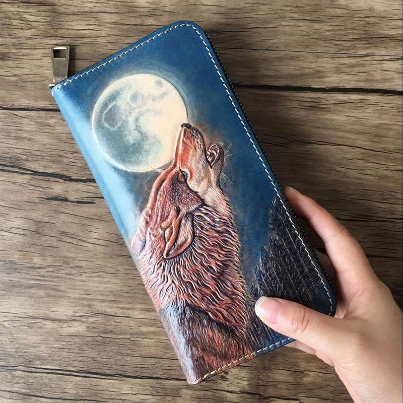 Handmade Leather Wolf Tooled Mens Long Wallet Cool Leather Wallet Clutch Wallet for Men