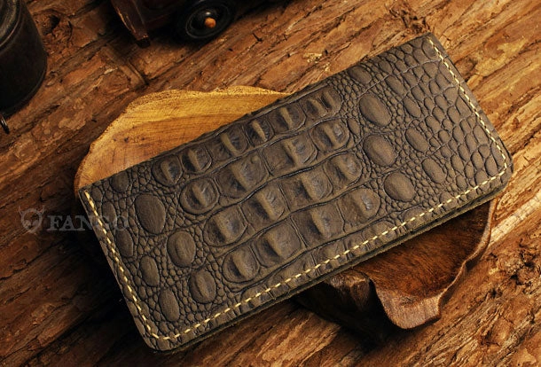 Handmade long leather wallet crocodile zipper leather clutch wallet for men