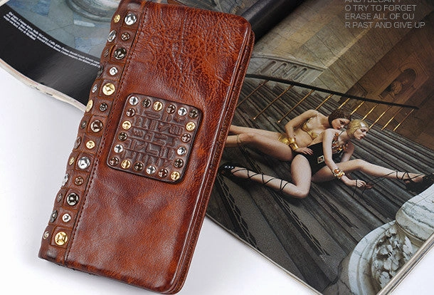 Handmade long wallet leather men rivet clutch vintage wallet for men