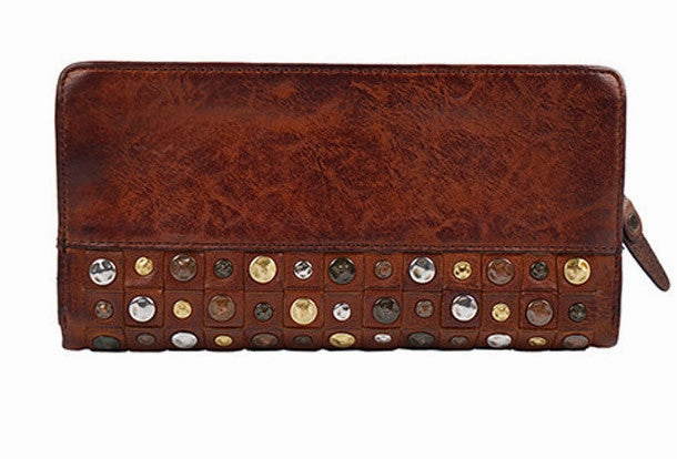 Handmade long wallet leather men rivet clutch vintage wallet for men
