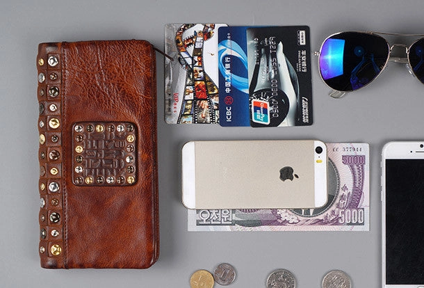 Handmade long wallet leather men rivet clutch vintage wallet for men