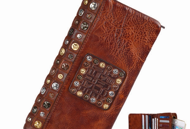 Handmade long wallet leather men rivet clutch vintage wallet for men