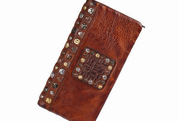 Handmade long wallet leather men rivet clutch vintage wallet for men