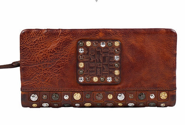 Handmade long wallet leather men rivet clutch vintage wallet for men