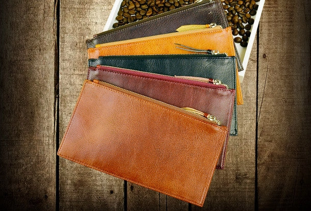 Handmade long wallet leather zip men brown Black vintage clutch card wallet for men