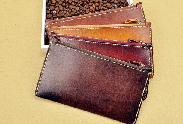 Handmade long wallet leather zip men brown vintage clutch wallet for men
