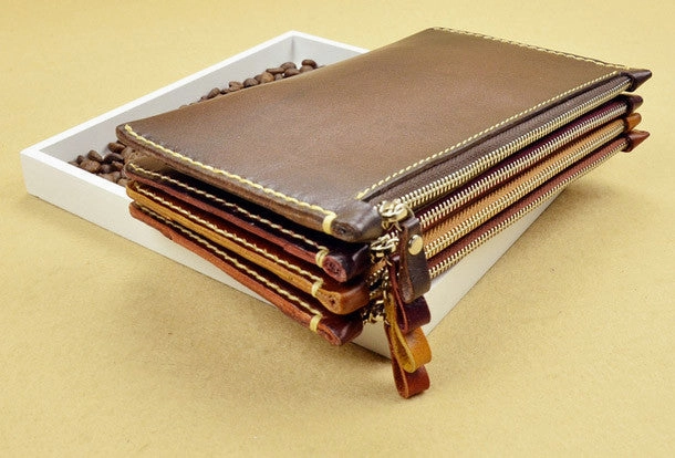 Handmade long wallet leather zip men brown vintage clutch wallet for men