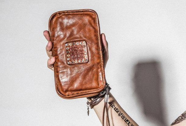 Handmade long wallet rivet leather men phone clutch vintage wallet for men