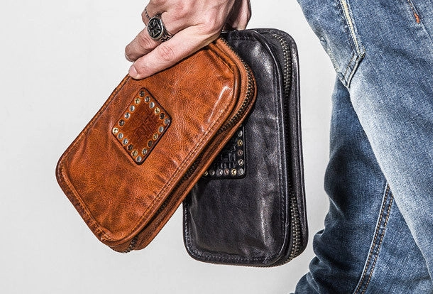 Handmade long wallet rivet leather men phone clutch vintage wallet for men