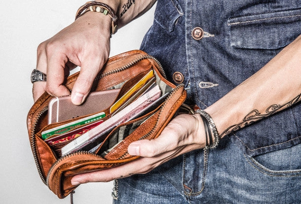 Handmade long wallet rivet leather men phone clutch vintage wallet for men