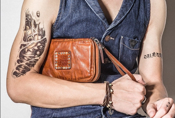 Handmade long wallet rivet leather men phone clutch vintage wallet for men