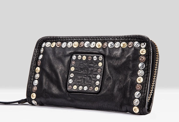 Handmade long wallet rivet leather men phone clutch vintage wallet for men
