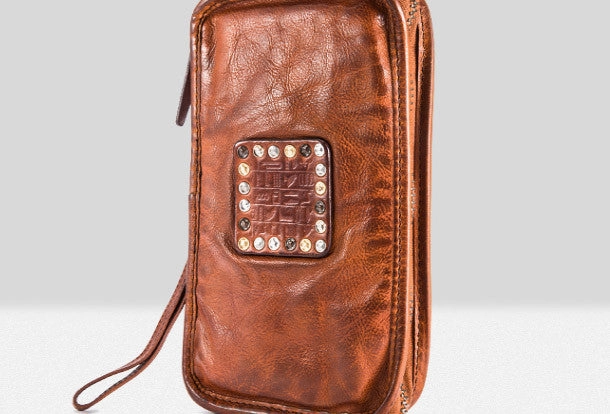 Handmade long wallet rivet leather men phone clutch vintage wallet for men