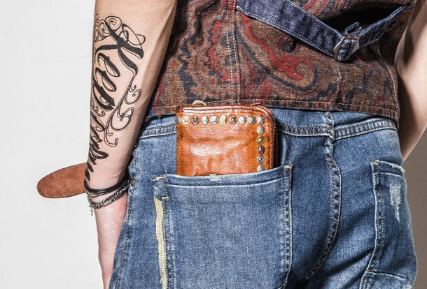 Handmade long wallet rivet leather men phone clutch vintage wallet for men