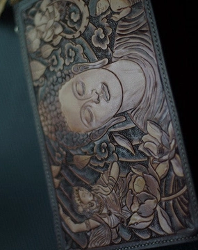 Handmade men clutch vintage hand painting carved Sakyamuni leather clutch bag for men