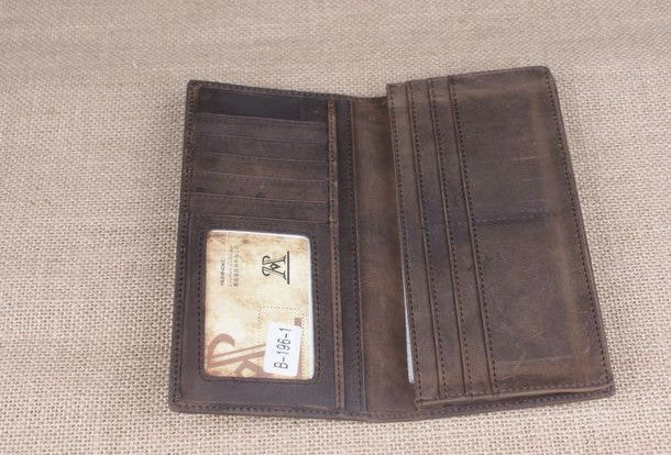 Handmade men leather long wallet Vintage bifold dark brown wallet clutch purse