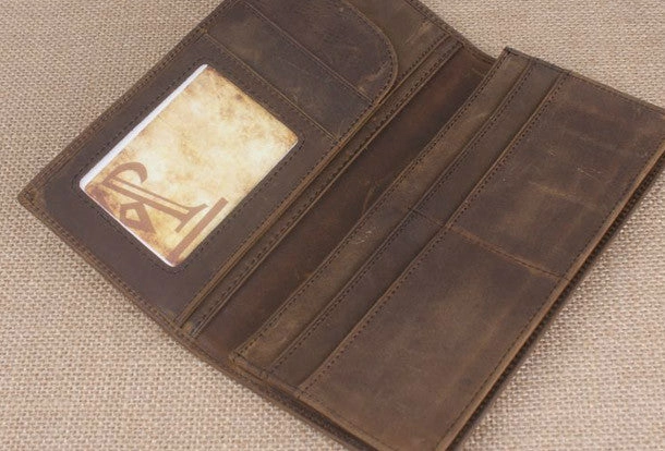 Handmade men leather long wallet Vintage bifold dark brown wallet clutch purse