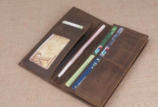 Handmade men leather long wallet Vintage bifold dark brown wallet clutch purse