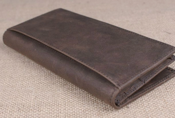 Handmade men leather long wallet Vintage bifold dark brown wallet clutch purse