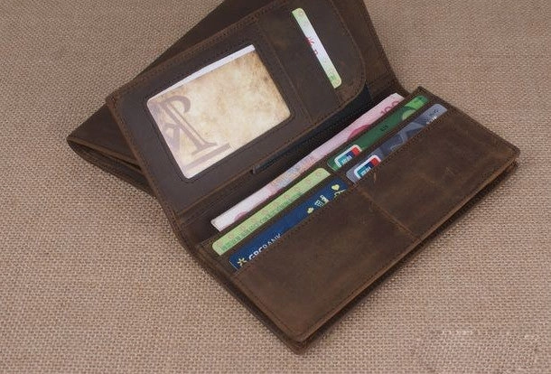 Handmade men leather long wallet Vintage bifold dark brown wallet clutch purse