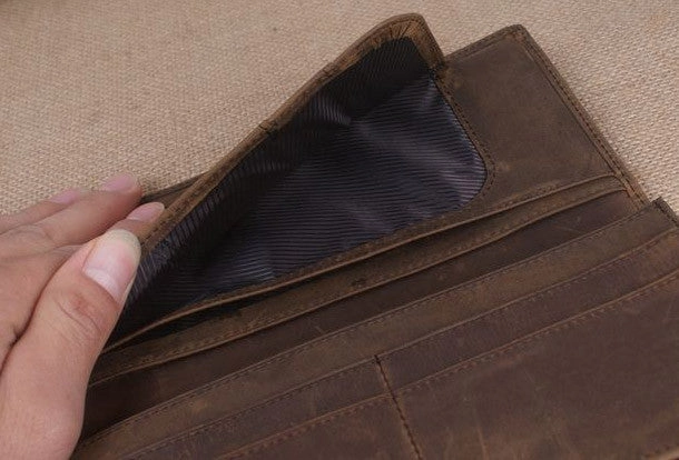 Handmade men leather long wallet Vintage bifold dark brown wallet clutch purse