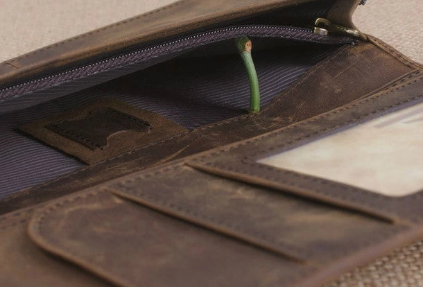 Handmade men leather long wallet Vintage bifold dark brown wallet clutch purse