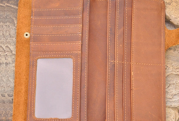 Handmade men leather Vintage brown trifold wallet men long wallet purse clutch
