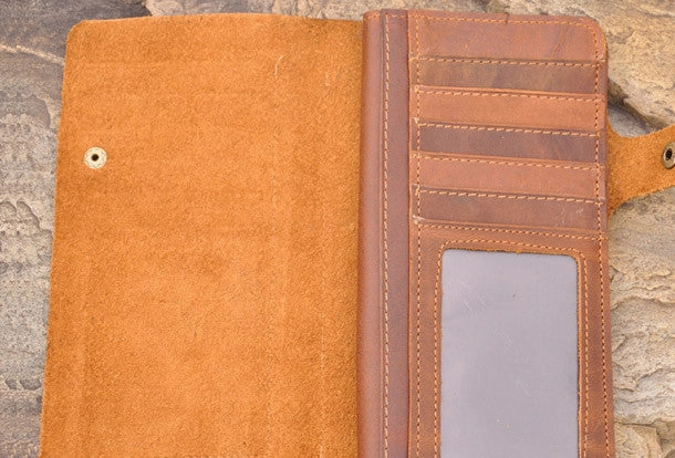 Handmade men leather Vintage brown trifold wallet men long wallet purse clutch