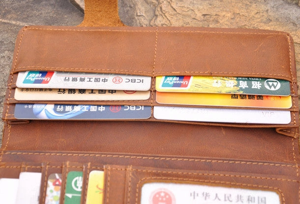 Handmade men leather Vintage brown trifold wallet men long wallet purse clutch