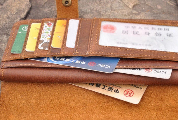 Handmade men leather Vintage brown trifold wallet men long wallet purse clutch