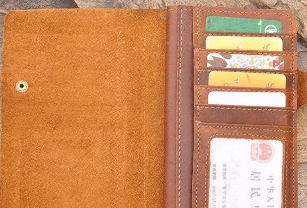 Handmade men leather Vintage brown trifold wallet men long wallet purse clutch