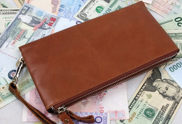 Handmade men leather Vintage brown zip wallet men long wallet purse clutch